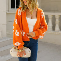Damen Floral V-Ausschnitt Cropped Cardigan - Orange