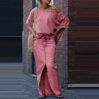Capri Bleu™ Set mit Asymmetrischem Oberteil und Leichtem Jeansrock - Pink