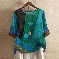 Damen Vintage Bedruckt Kurzarm Bluse - Blau Grün