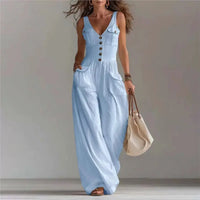 Marvella™ Jumpsuit mit V-Ausschnitt und weitem Bein - Hellblau