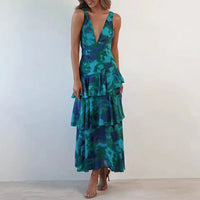 Xavryna | Damen Florales Gestuft Maxikleid Tiefer V-Ausschnitt – Gestuft Floral Maxi - Green
