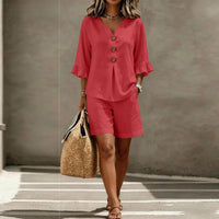 Helene™ Leinen-Baumwoll-Set Mit V-Ausschnitt Und Locker Fallender Shorts - Rot