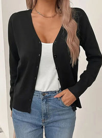 Strickjacke Damen V-Ausschnitt Langarm Cardigan mit Knopfleiste für vielseitiges Layering - Schwarz