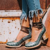 Damen Stiefeletten Blockabsatz Doppelriemen - Grüne Schlange