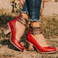 Damen Stiefeletten Blockabsatz Doppelriemen - Rote Schlange