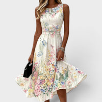 Kimberly | Damen Rundhals Ärmelloses Blumen Midi Kleid - Weiß