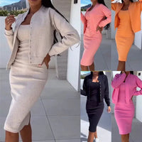 Mila™ Set mit Midikleid und geknöpfter Cropped-Strickjacke - Grau