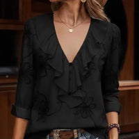 Anneliese™ Bluse mit V-Ausschnitt, Frontvolants und floraler Stickerei - Schwarz