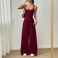 Bela™ Langer Jumpsuit mit weitem Bein, Doppelträgern und offenem Rücken - Burgund