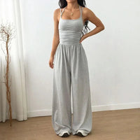 Bela™ Langer Jumpsuit mit weitem Bein, Doppelträgern und offenem Rücken - Grau