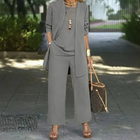 Jade™ Minimalistisches 3-Teiliges Set mit Palazzo-Hose und Langem Cardigan - Grau