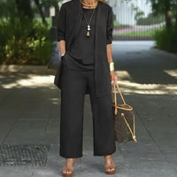 Jade™ Minimalistisches 3-Teiliges Set mit Palazzo-Hose und Langem Cardigan - Schwarz