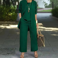 Jade™ Minimalistisches 3-Teiliges Set mit Palazzo-Hose und Langem Cardigan - Grün