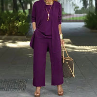 Jade™ Minimalistisches 3-Teiliges Set mit Palazzo-Hose und Langem Cardigan - Lila