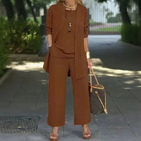 Jade™ Minimalistisches 3-Teiliges Set mit Palazzo-Hose und Langem Cardigan - Braun