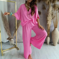 Biarritz™ Set — V-Ausschnitt-Bluse & Palazzo-Hose mit verstellbarem Kordelzugbund - Rosa