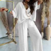 Biarritz™ Set — V-Ausschnitt-Bluse & Palazzo-Hose mit verstellbarem Kordelzugbund - Weiß