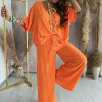Biarritz™ Set — V-Ausschnitt-Bluse & Palazzo-Hose mit verstellbarem Kordelzugbund - Orange