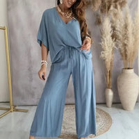 Biarritz™ Set — V-Ausschnitt-Bluse & Palazzo-Hose mit verstellbarem Kordelzugbund - Blau
