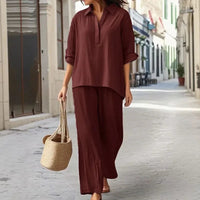 Karin™ Set Langarmbluse mit geknöpftem V-Ausschnitt und Palazzo-Hose - Bordeauxrot