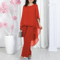 Aurevielle™ Set Mit Asymmetrischer Bluse in Lagenoptik und Weiter Pantalonhose - Rot