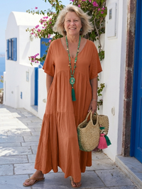 Zinnia | Damen Kurzarm Gestuftes Blaues Maxikleid – Gestuft Blau Maxi - Orange