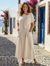 Elowyn | Damen Rundhals Kurzarm Taschen Maxikleid – Praktisches Casual Maxi - Beige