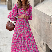 Rosa | Damen Boho Maxi-Kleid Puffärmel V-Ausschnitt Muster - Fuchsia