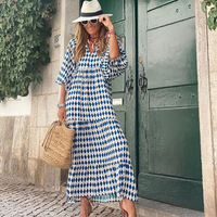 Rosa | Damen Boho Maxi-Kleid Puffärmel V-Ausschnitt Muster - Blau