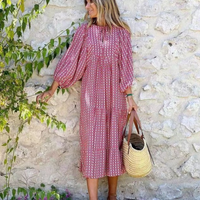 Rosa | Damen Boho Maxi-Kleid Puffärmel V-Ausschnitt Muster - Rosa