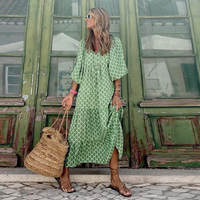 Rosa | Damen Boho Maxi-Kleid Puffärmel V-Ausschnitt Muster - Hellgrün