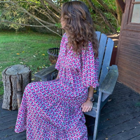 Rosa | Damen Boho Maxi-Kleid Puffärmel V-Ausschnitt Muster - Lila Blau