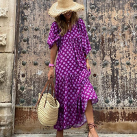 Rosa | Damen Boho Maxi-Kleid Puffärmel V-Ausschnitt Muster - Lila