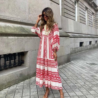 Rosa | Damen Boho Maxi-Kleid Puffärmel V-Ausschnitt Muster - Bordeaux