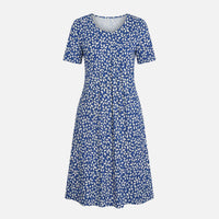 Käthe | Damen Viskose Midikleid Bindegürtel – Viskose Midi Tailliert Gürtel - Weiß und Blau