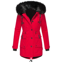 Damenparka mit Kapuze, Knöpfen und Taschen - Rot