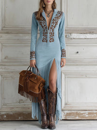 Franziska | Damen Western Halbzip Bestickt Kunstwildleder Fransen Maxikleid – Western Fransen - Blau