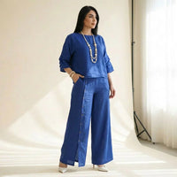 Roots™ Baumwoll-Leinen-Set mit Lockerem Oberteil und Eleganter Weit Geschnittener Hose - Blau