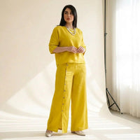 Roots™ Baumwoll-Leinen-Set mit Lockerem Oberteil und Eleganter Weit Geschnittener Hose - Gelb
