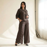 Roots™ Baumwoll-Leinen-Set mit Lockerem Oberteil und Eleganter Weit Geschnittener Hose - Kaffee