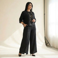 Roots™ Baumwoll-Leinen-Set mit Lockerem Oberteil und Eleganter Weit Geschnittener Hose - Schwarz
