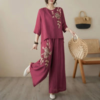 Nicole™ Set aus Baumwoll Leinen mit zarter Blumenstickerei und Pantalon Hose - Bordeauxrot
