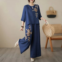 Nicole™ Set aus Baumwoll Leinen mit zarter Blumenstickerei und Pantalon Hose - Dunkelblau