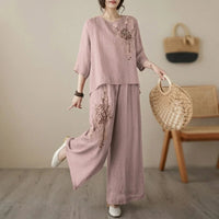 Nicole™ Set aus Baumwoll Leinen mit zarter Blumenstickerei und Pantalon Hose - Hellrosa