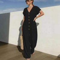 Cannes™ Jumpsuit mit Knopfleiste vorn und V-Ausschnitt - Schwarz