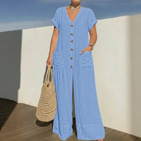 Cannes™ Jumpsuit mit Knopfleiste vorn und V-Ausschnitt - Hellblau