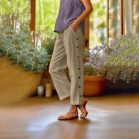 Ella™ Cropped-Hose aus Baumwoll-Leinen mit Eleganten Seitlichen Knöpfen - Beige