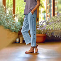 Ella™ Cropped-Hose aus Baumwoll-Leinen mit Eleganten Seitlichen Knöpfen - Blau