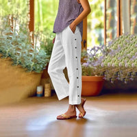 Ella™ Cropped-Hose aus Baumwoll-Leinen mit Eleganten Seitlichen Knöpfen - Weiß