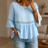Alina™ Bluse aus Baumwoll-Leinen mit Zarter Spitze und Ausgestellten Ärmeln - Blau